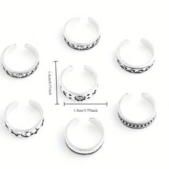 Toe Rings Foot Jewelry 7pc Silver Adjustable Beach Boho Trendy Stylish Vacation - Picture 4 of 4